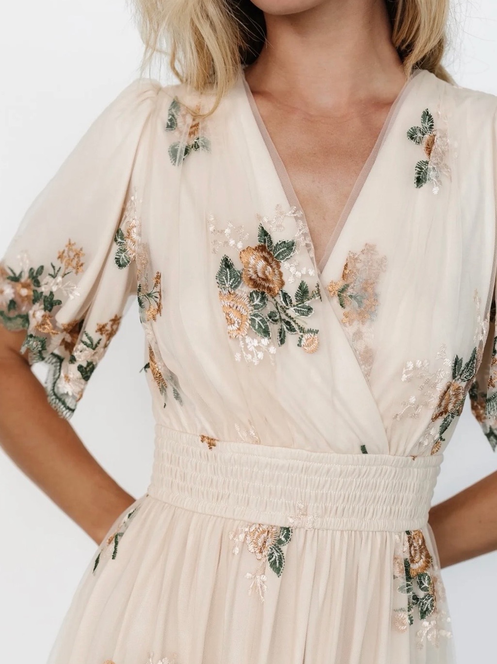 Shop Stevie Cream Floral Lace-Trim Midi Tulle Dress — image 3 of 8